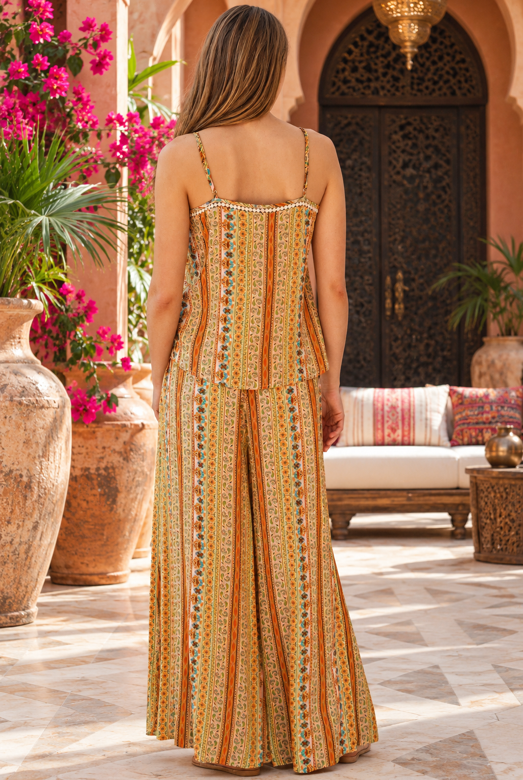Amara printed rayon palazzo pants by Dreamcatcher with floral stripes, wide legs, elastic drawstring waist and side pockets | Bohemian Love Runway