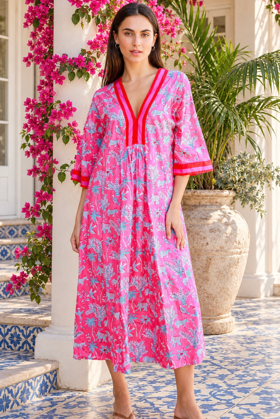Sanctuary Pluto Pink cotton boho midi dress with turquoise wildlife block print, V-neckline and contrast trim