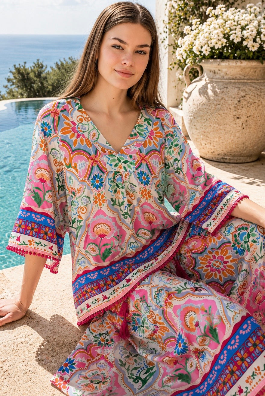 Dreamcatcher Aurora Floral Top Pink Mosaic with botanical mosaic print and cotton lace edging