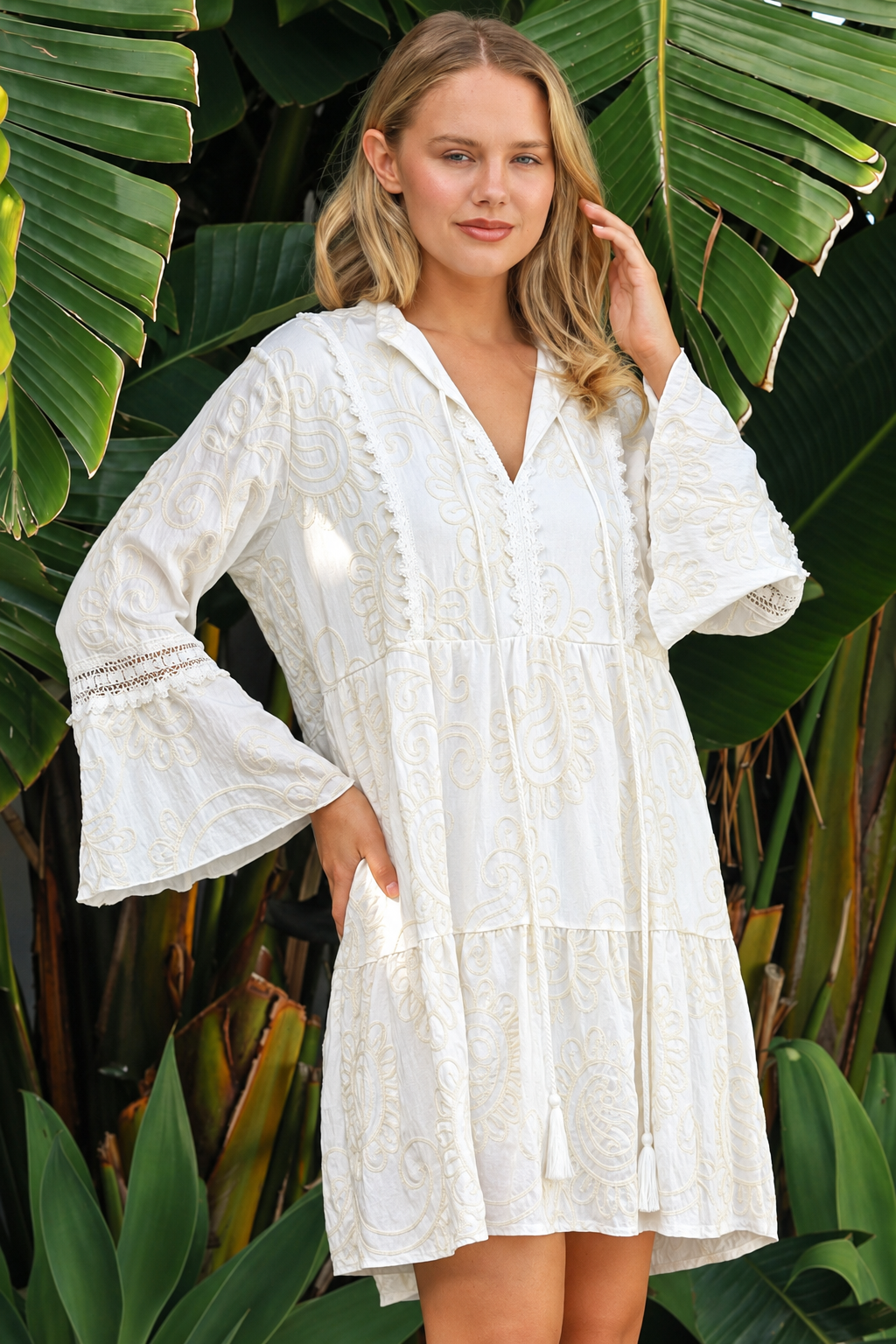 Serafina white cotton mini dress with ivory embroidery and lace sleeves at Bohemian Love Runway