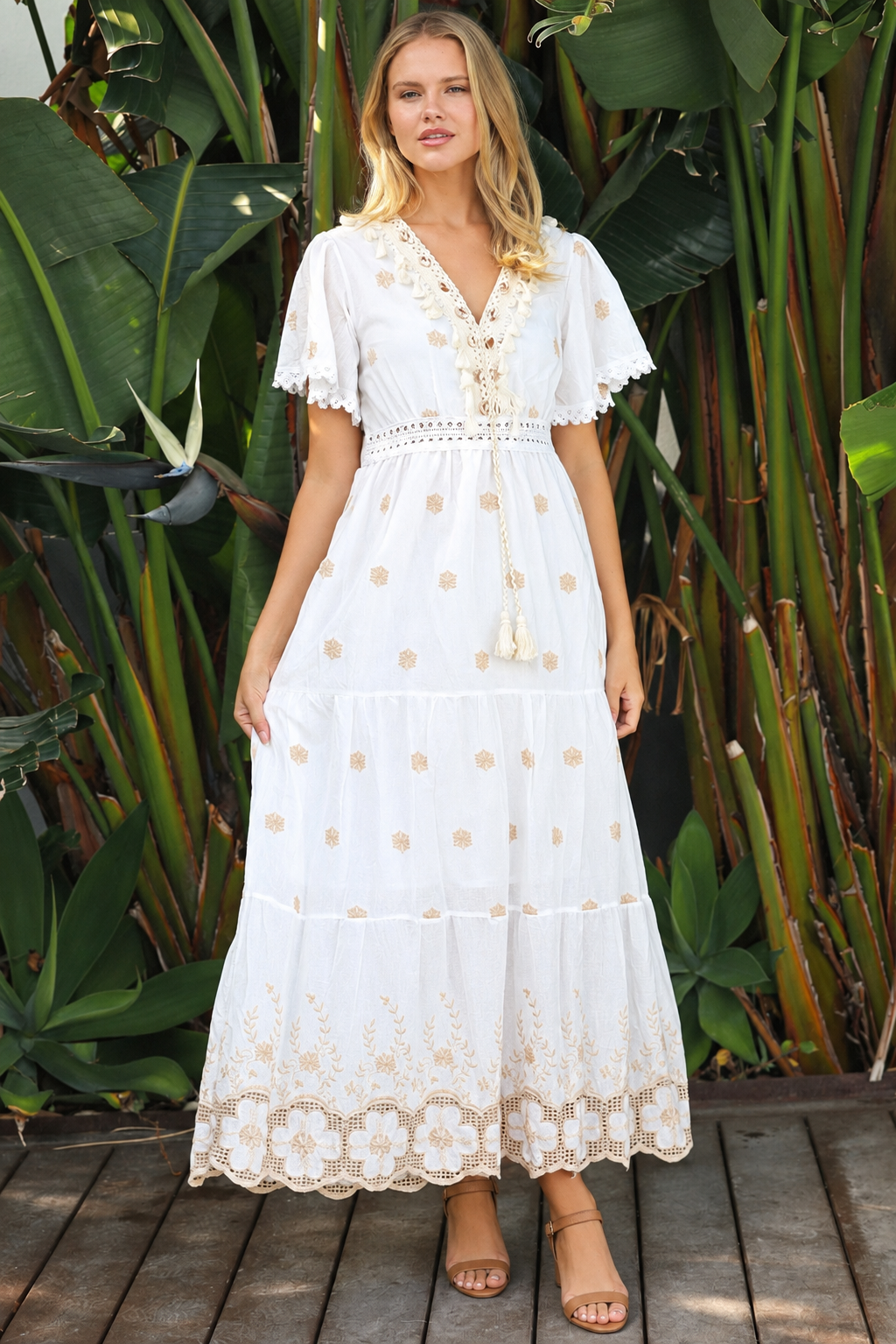 Honeyed Garden white cotton boho dress with ivory beige floral embroidery and lace detailing