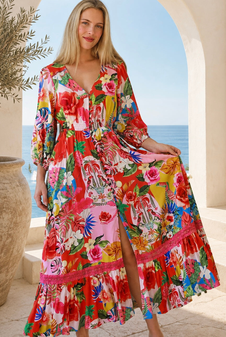 DREAMCATCHER | SCARLET FLORAL LONG SLEEVE MAXI DRESS | Bohemian Love Runway