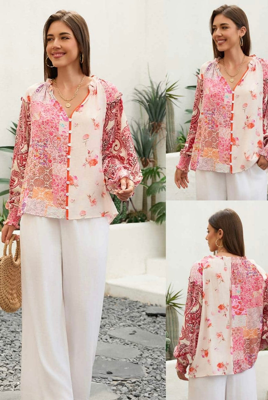 Boho woman in Sweet Dreams Fleur Blouse with patchwork florals and balloon sleeves - Bohemian Tops Australia Bohemian Love Runway.