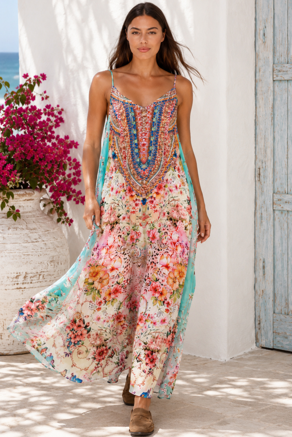 Peacock Feather Mirage floral maxi dress with adjustable straps and rhinestone embellished bodice