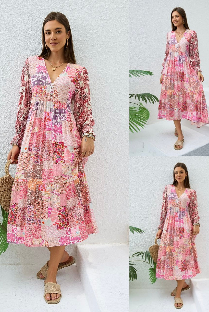 Boho woman in Sweet Dreams Fleur Midi Dress with patchwork florals and paisley prints - Bohemian Dresses Australia Bohemian Love Runway