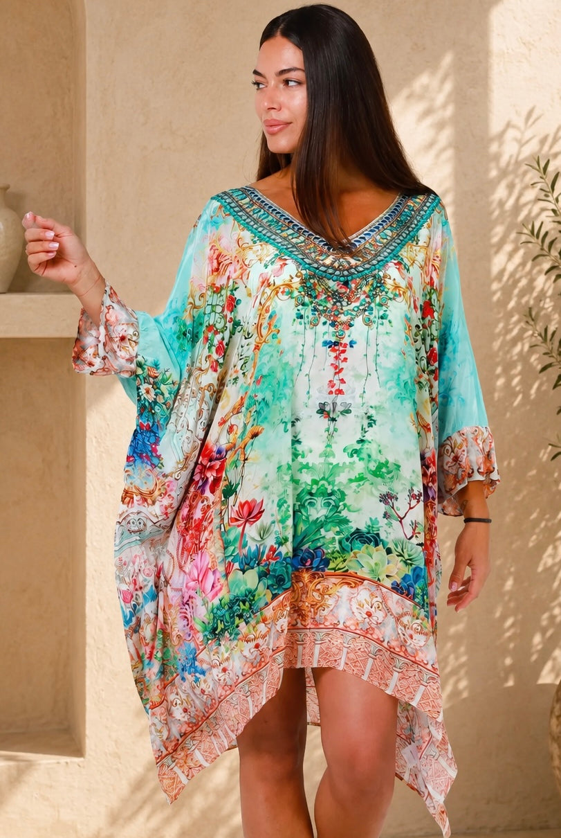 Eden Jewel embellished aqua garden kaftan mini dress by Peacock Feather in viscose crepe