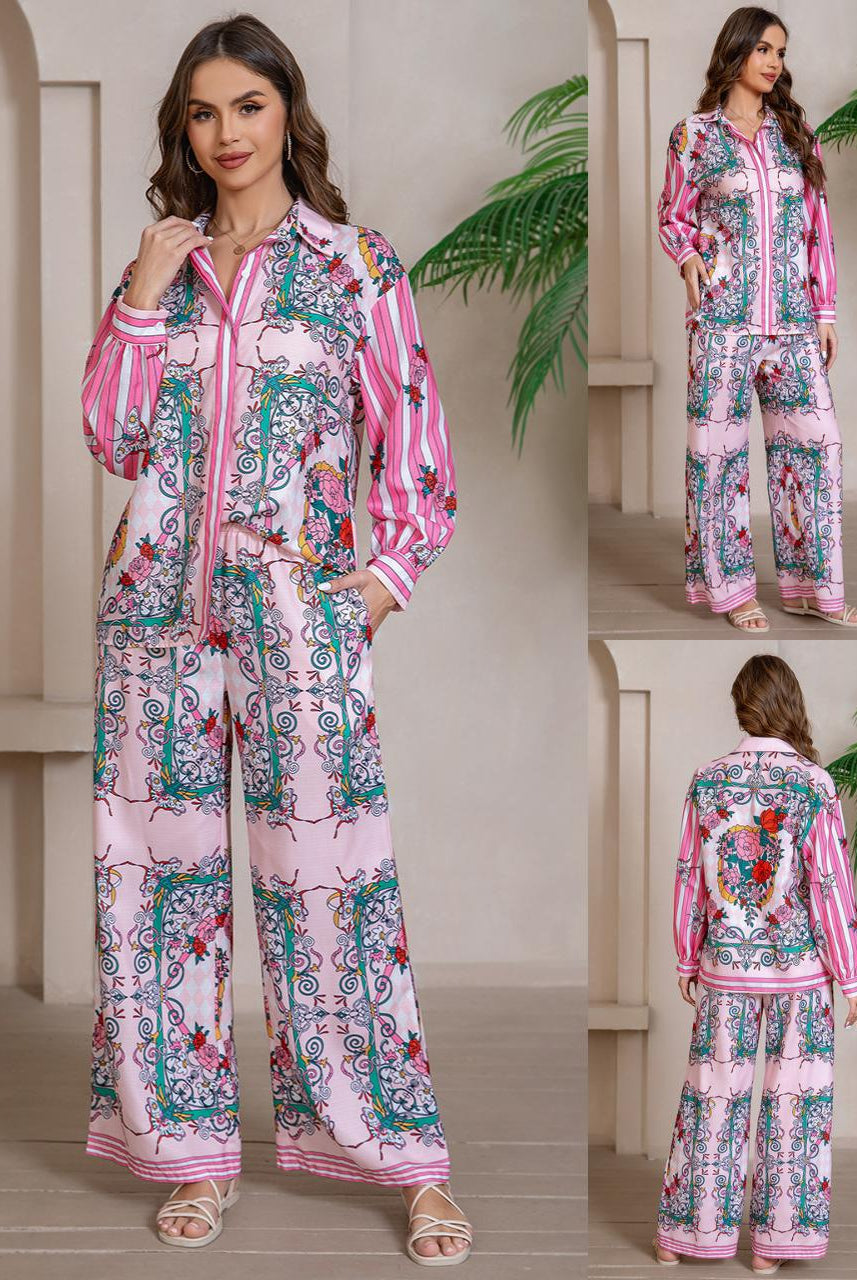Model wearing pink floral baroque print shirt and wide-leg pants set with long sleeve and contrast piping - boho two-piece outfit Australia.