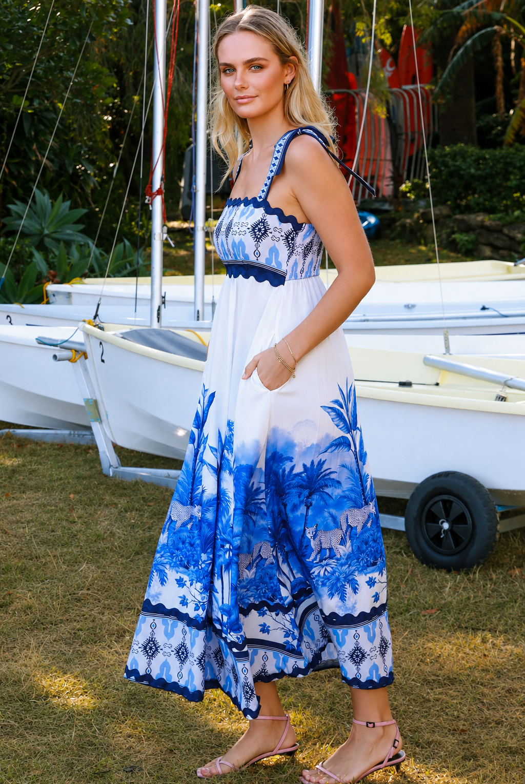 Blue and white floral boho maxi dress with statement border print at Bohemian Love Runway