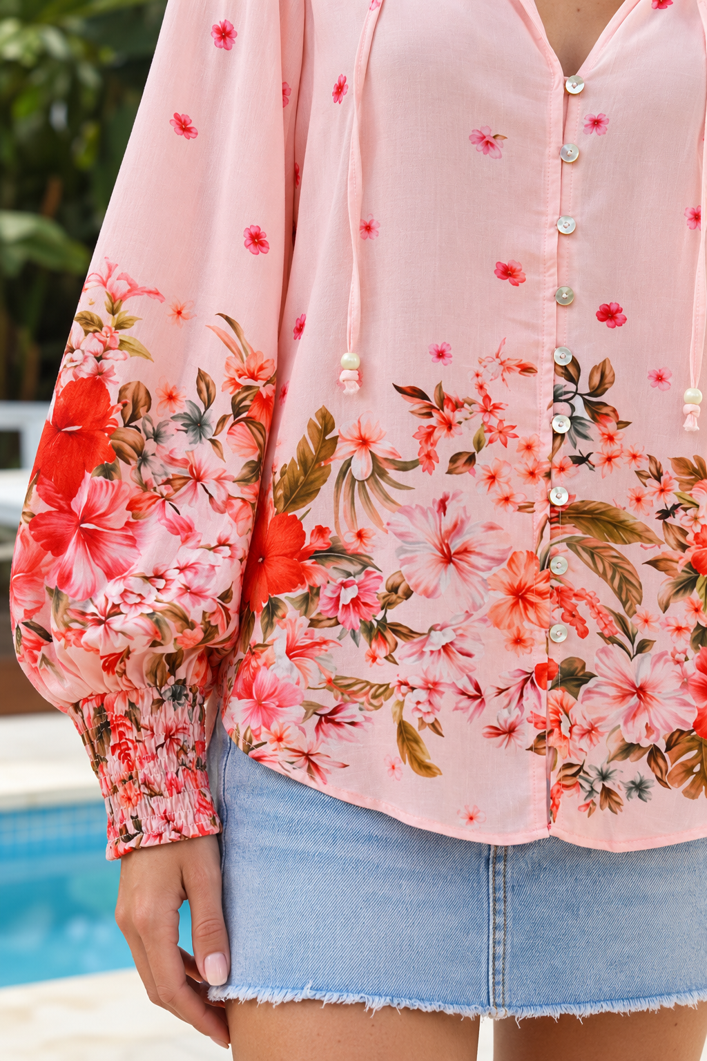 Blush pink border print rayon blouse with beaded tie neck shirred cuffs and lace yoke – Lucy Blouse Australia