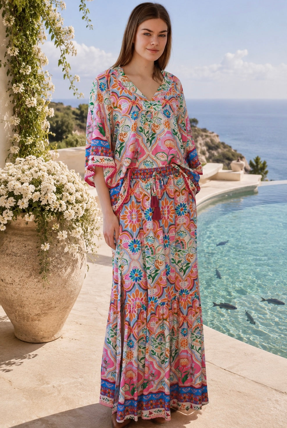 Dreamcatcher Aurora Pink Mosaic maxi skirt with elastic tie waist and oversized frill hemline
