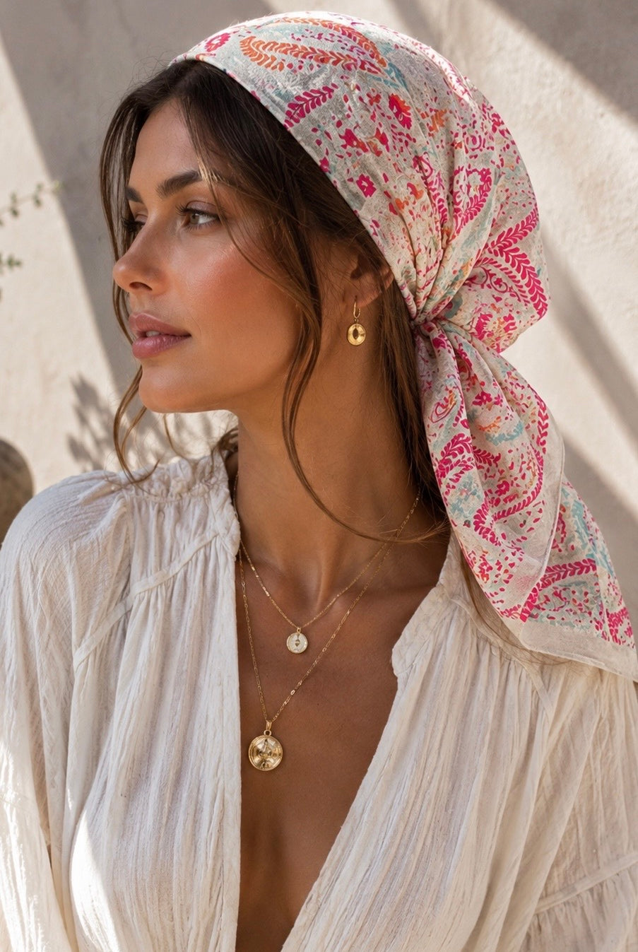 Camille Floral Paisley Bandana Scarf worn as a floral head scarf and bandeau top in blush pink paisley print
