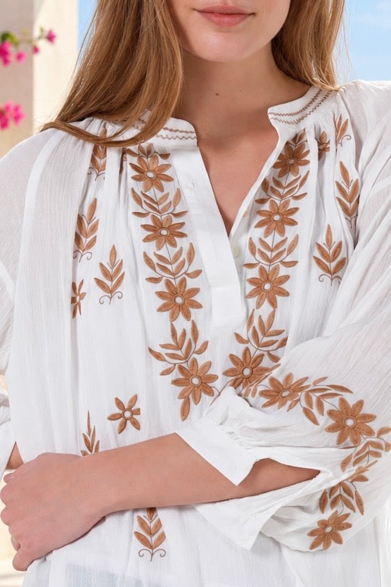 Salty Palm Daisy white cotton blouse with camel floral embroidery, V-neck, button front and long sleeves