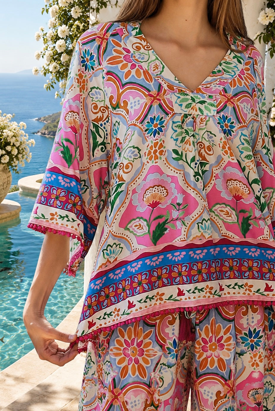 Dreamcatcher Aurora Floral Top Pink Mosaic with botanical mosaic print and cotton lace edging