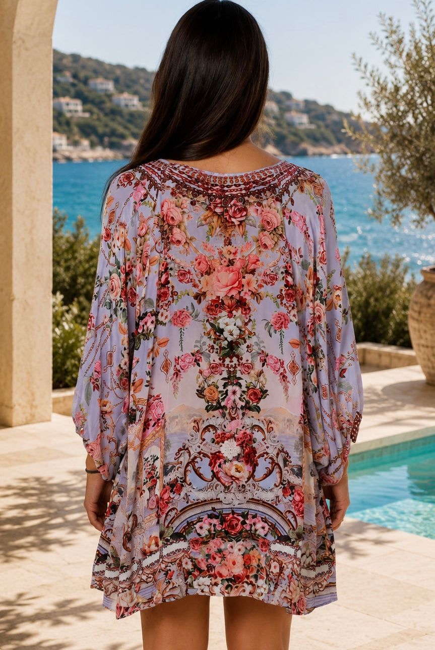 Clara embellished lavender viscose crepe boho tunic blouse with rhinestone neckline by Peacock Feather
