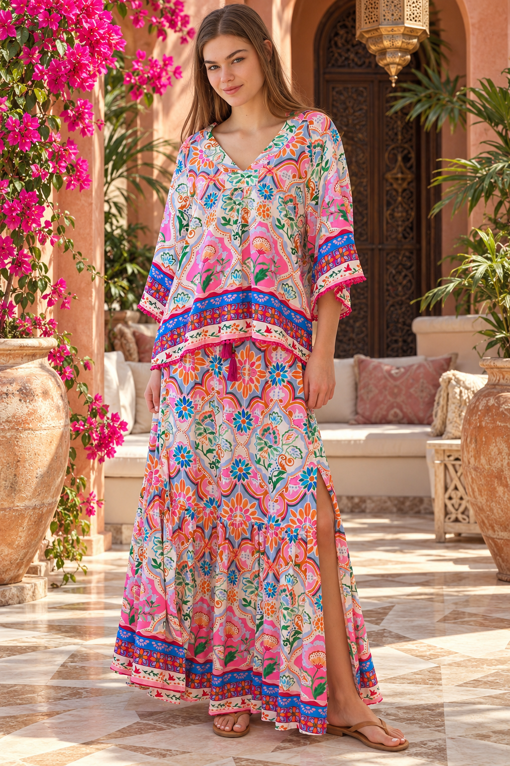 Dreamcatcher Aurora Pink Mosaic maxi skirt with elastic tie waist and oversized frill hemline | Bohemian Love Runway