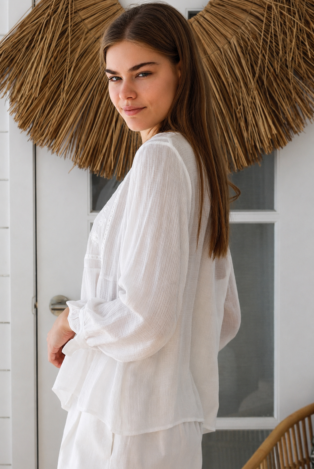 Paige white embroidered blouse by Salty Palm with floral panels, split neckline and long relaxed sleeves