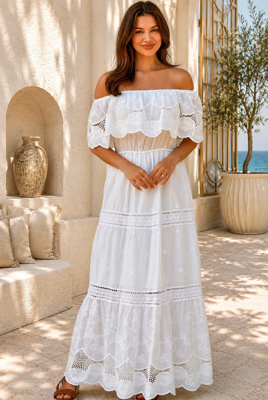 Rose white embroidered cotton maxi dress with off-shoulder floral lace, tiered skirt and scalloped rose hem
