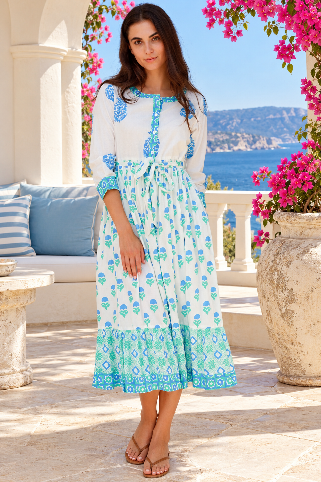Lovebird Cotton Midi Dress Blue by Peacock Feather, white cotton boho midi dress with blue floral and border prints