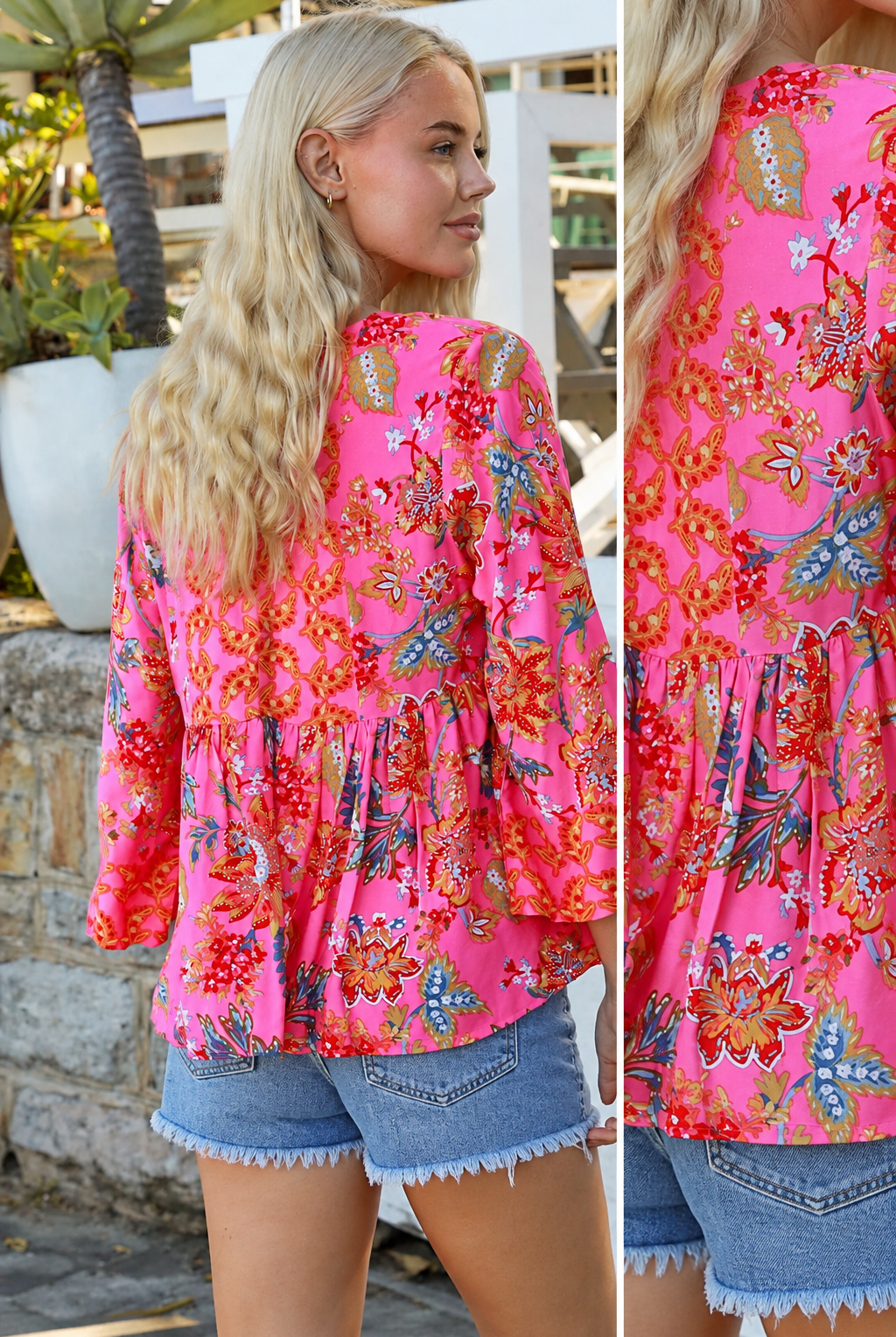Sintra pink floral boho top with V-neck, button front, ties and three-quarter bell sleeves
