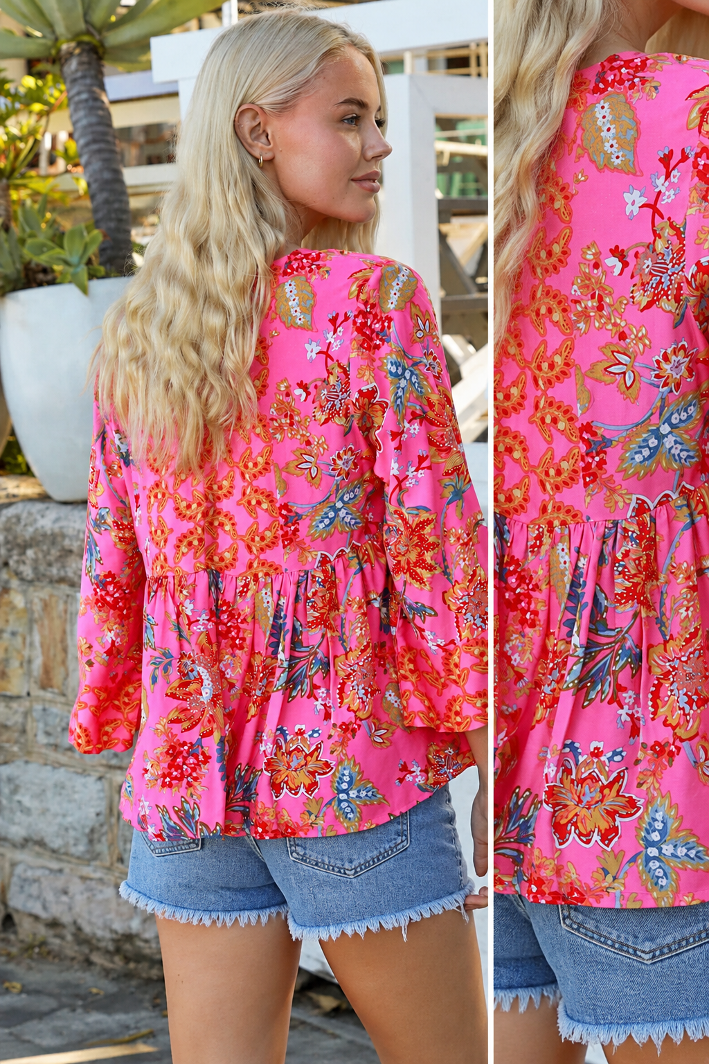 Sintra pink floral boho top with V-neck, button front, ties and three-quarter bell sleeves