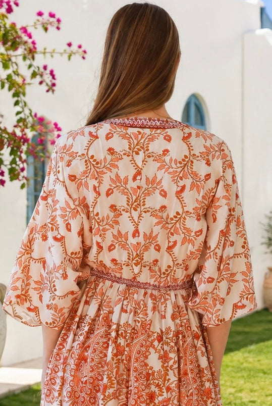 Shop Cinnamon V-Neck Kimono Sleeve Maxi Dress in rayon with a warm boho print at Bohemian Love Runway Australia