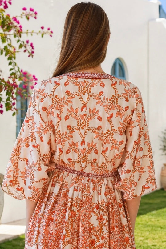 Shop Cinnamon V-Neck Kimono Sleeve Maxi Dress in rayon with a warm boho print at Bohemian Love Runway Australia
