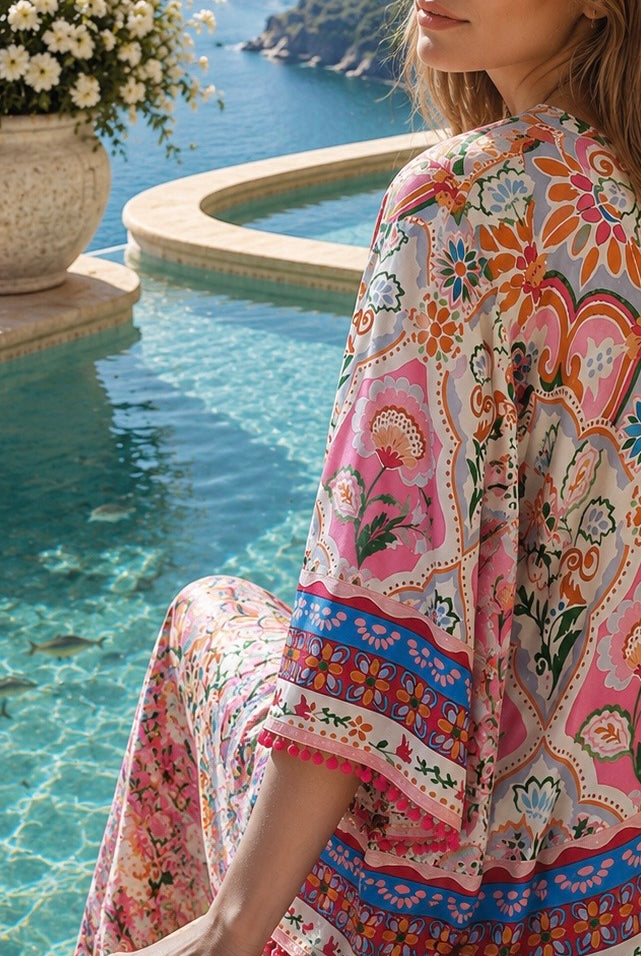 Dreamcatcher Aurora Pink Mosaic maxi skirt with elastic tie waist and oversized frill hemline