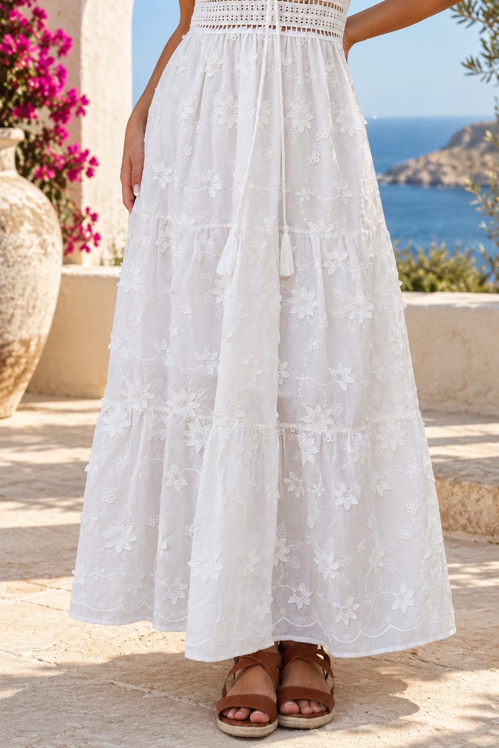 Demi white embroidered cotton boho maxi dress with crochet lace by Salty Palm at Bohemian Love Runway