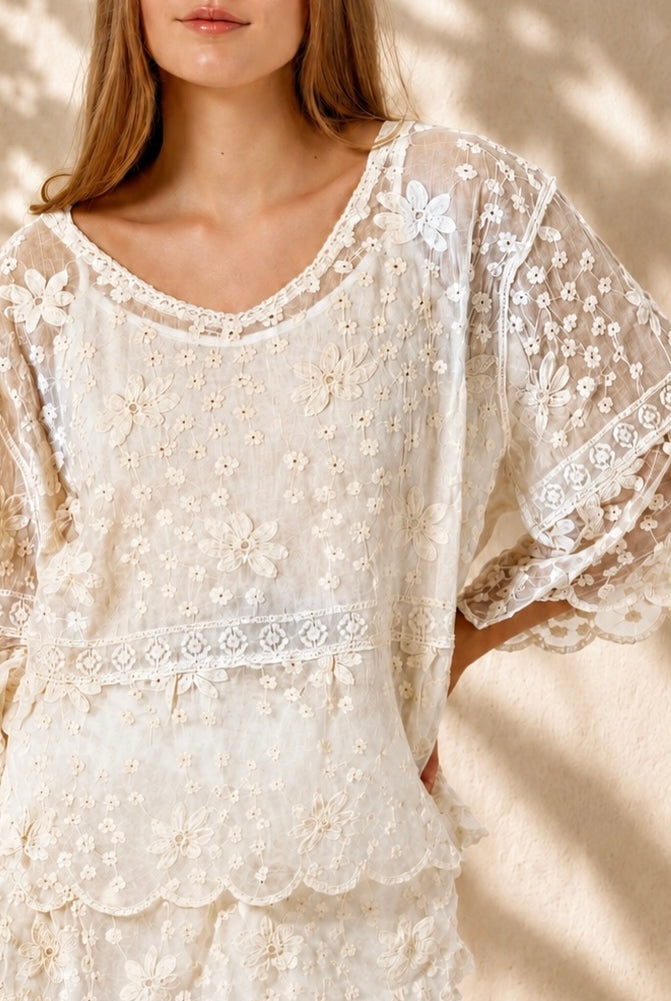 A woman wearing a cream lace top with three-quarter sleeves and white shorts, standing in front of a warm beige wall with leaf shadows.
