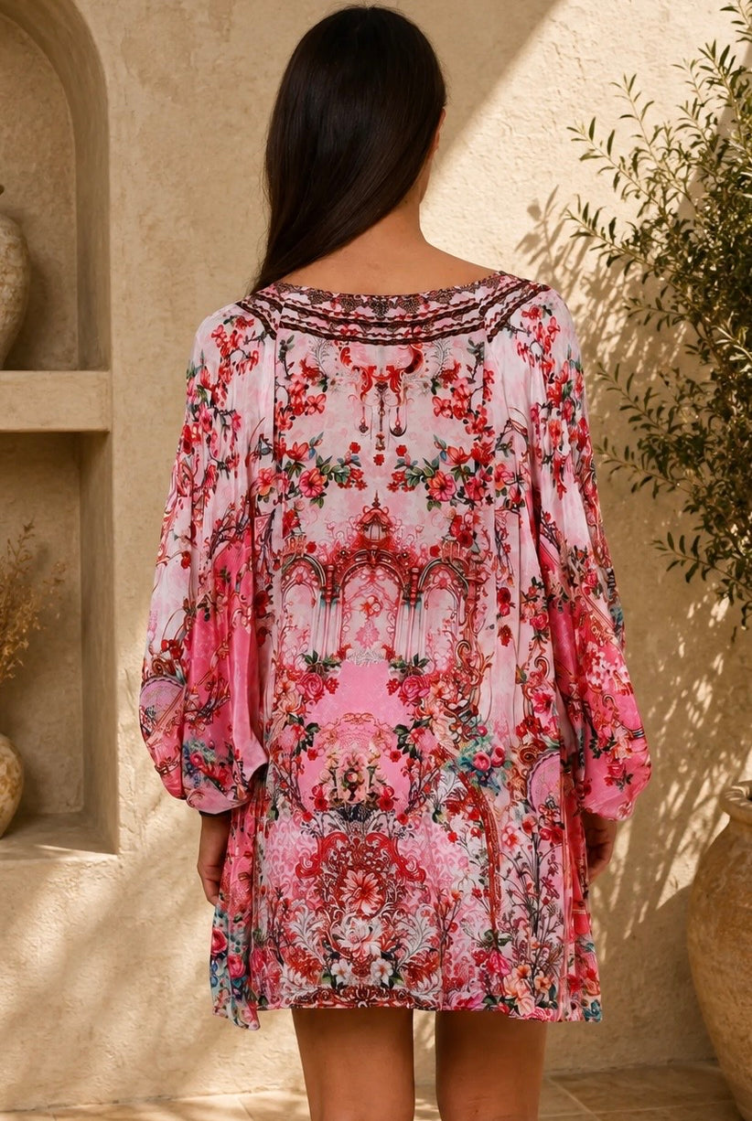 Clara Embellished Tunic Blouse Rose by Peacock Feather with rhinestone neckline floral viscose crepe one size