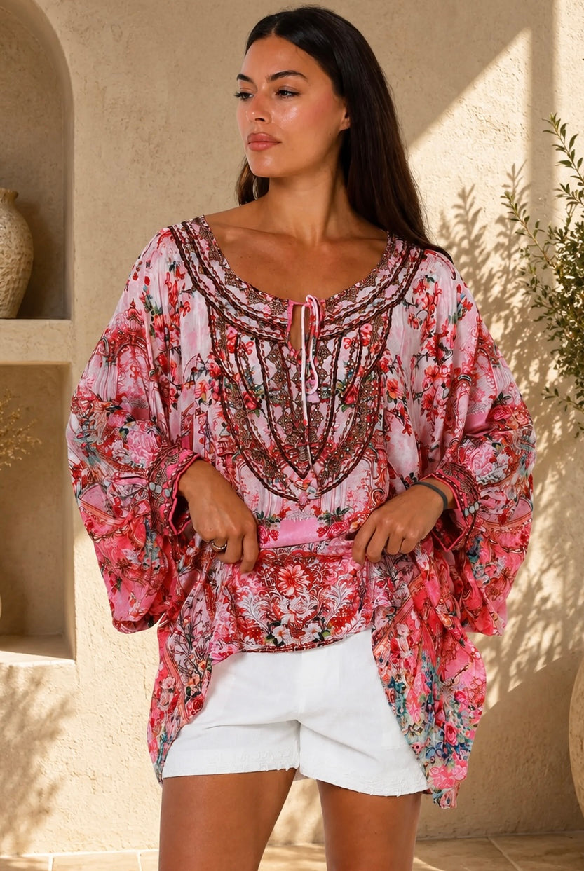 Clara Embellished Tunic Blouse Rose by Peacock Feather with rhinestone neckline floral viscose crepe one size
