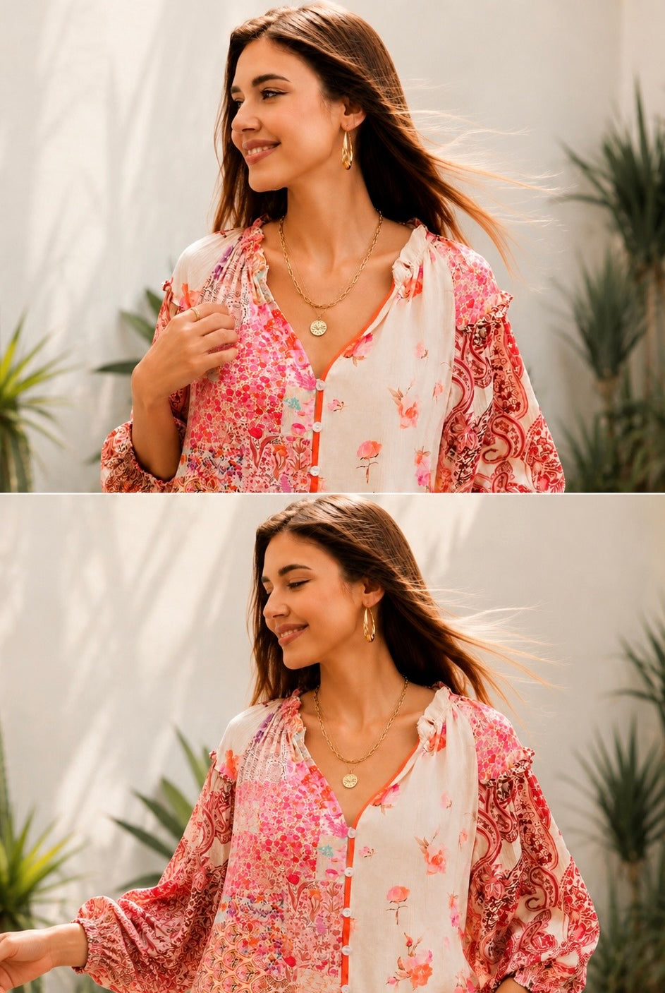 A woman wearing a bohemian-style long-sleeve blouse with a pink, red, and orange floral patchwork print on a white base, styled with white pants and gold jewelry in an outdoor setting.