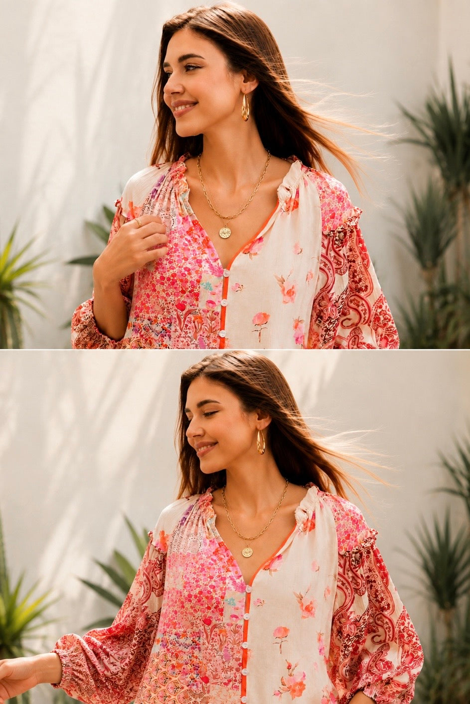 A woman wearing a bohemian-style long-sleeve blouse with a pink, red, and orange floral patchwork print on a white base, styled with white pants and gold jewelry in an outdoor setting.