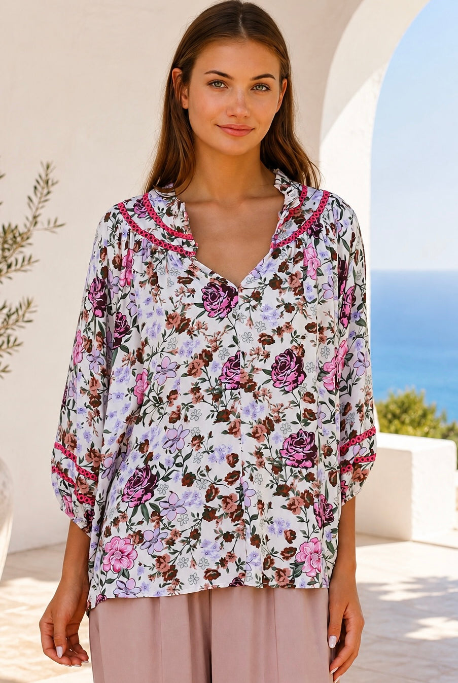 Primrose pink floral rayon blouse by Charlotte The Label | Shop Bohemian Love Runway