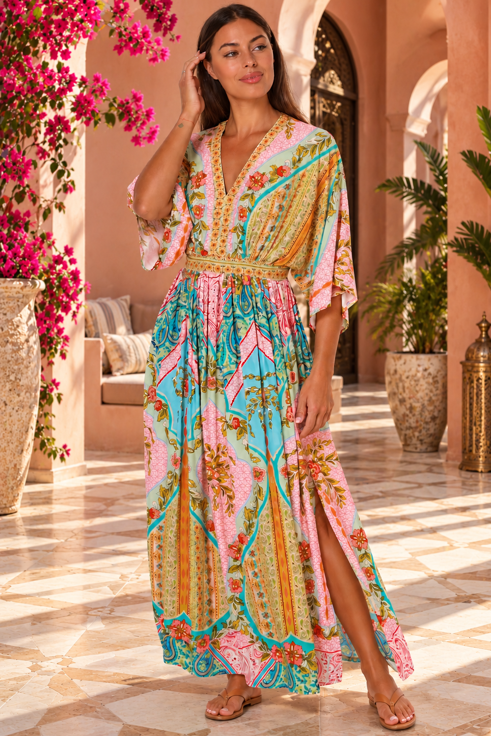 Amara pink turquoise floral paisley maxi dress by Dream Catcher with V-neck, kimono sleeves and border print