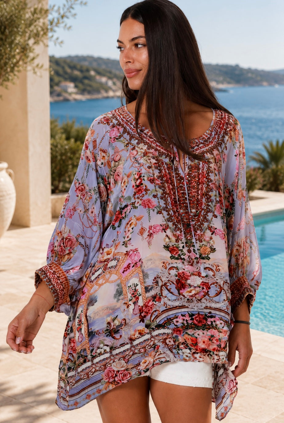 Clara embellished lavender viscose crepe boho tunic blouse with rhinestone neckline by Peacock Feather