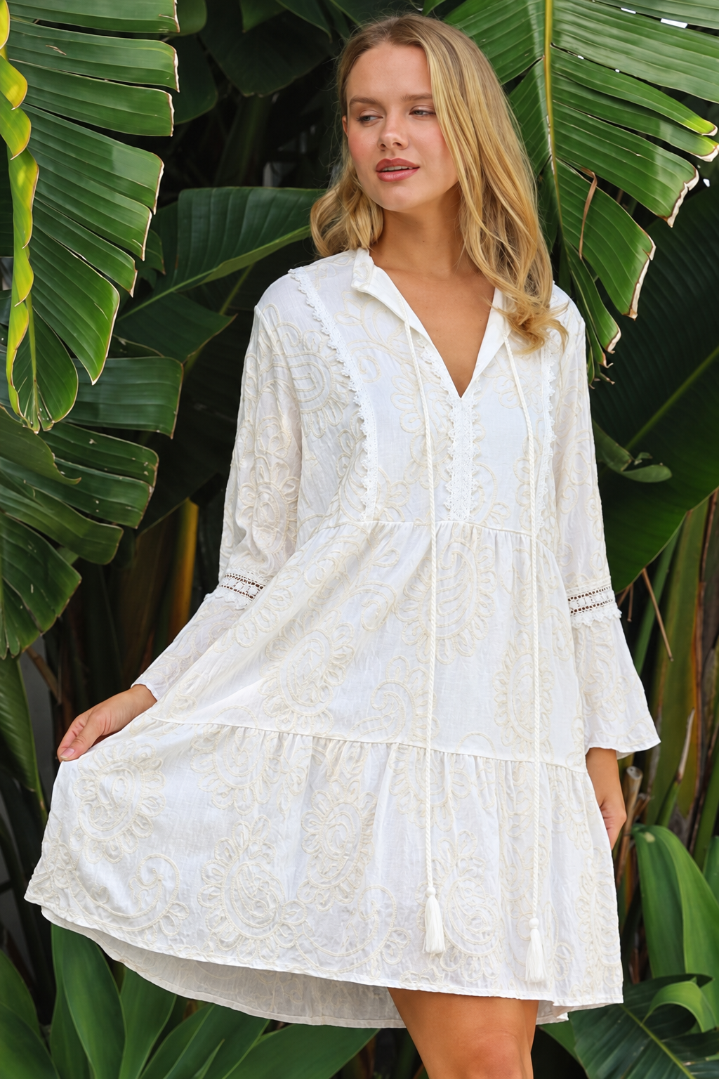 Serafina white cotton mini dress with ivory embroidery and lace sleeves at Bohemian Love Runway