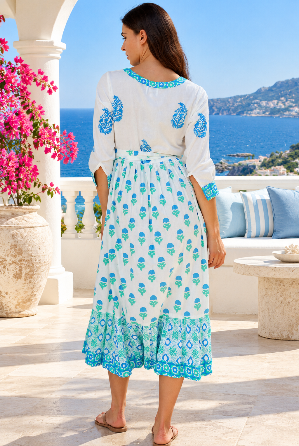 Lovebird Cotton Midi Dress Blue by Peacock Feather, white cotton boho midi dress with blue floral and border prints