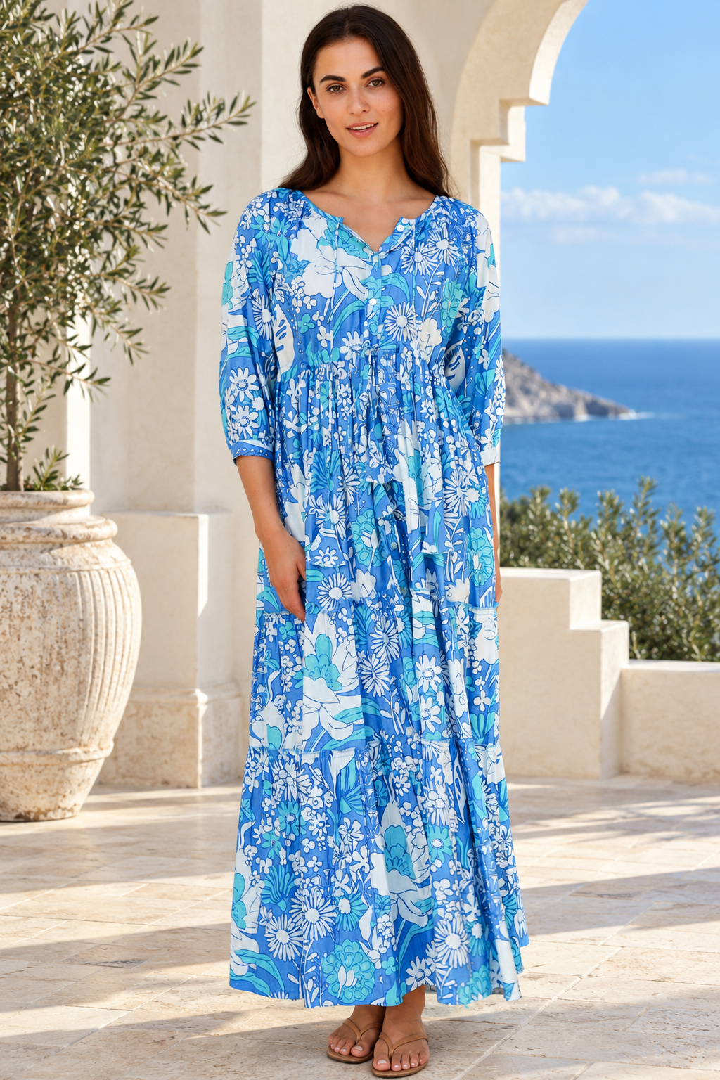 Emerson Cotton Maxi Dress Rory Blue with vintage blue floral print, button front, tassel drawstring waist and tiered skirt