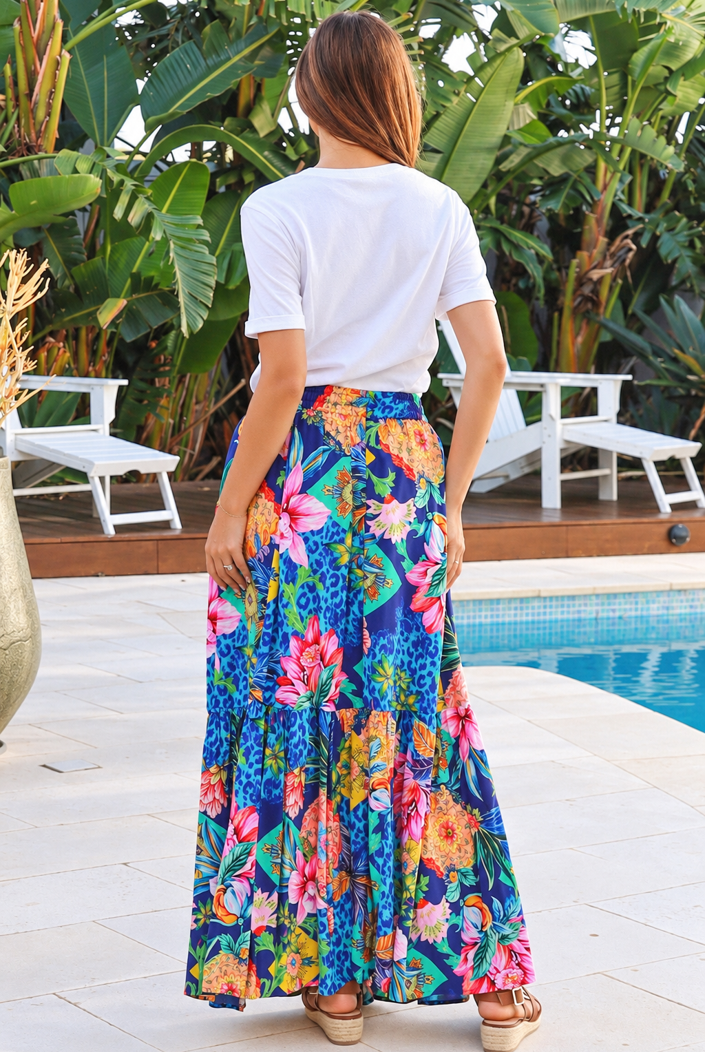 Wild Tropic blue boho maxi skirt with tropical floral print, side splits, tassel tie and flowing tiered hem
