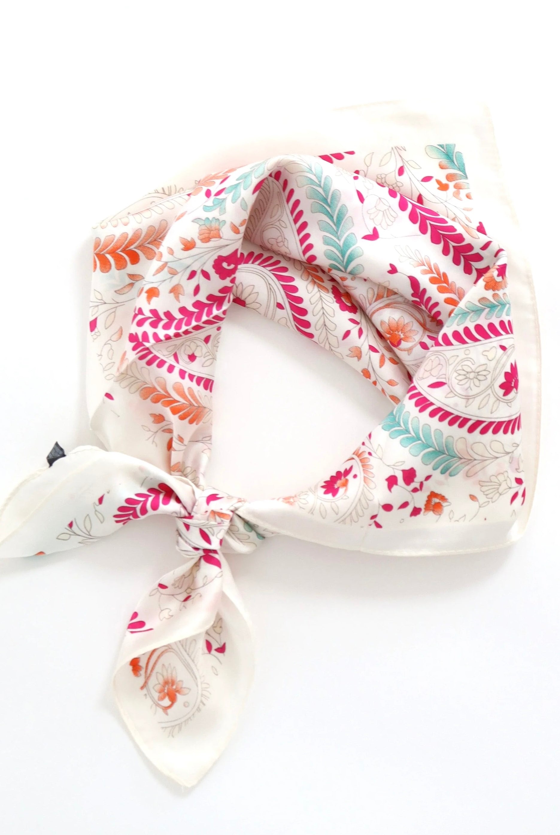 Camille Floral Paisley Bandana Scarf worn as a floral head scarf and bandeau top in blush pink paisley print