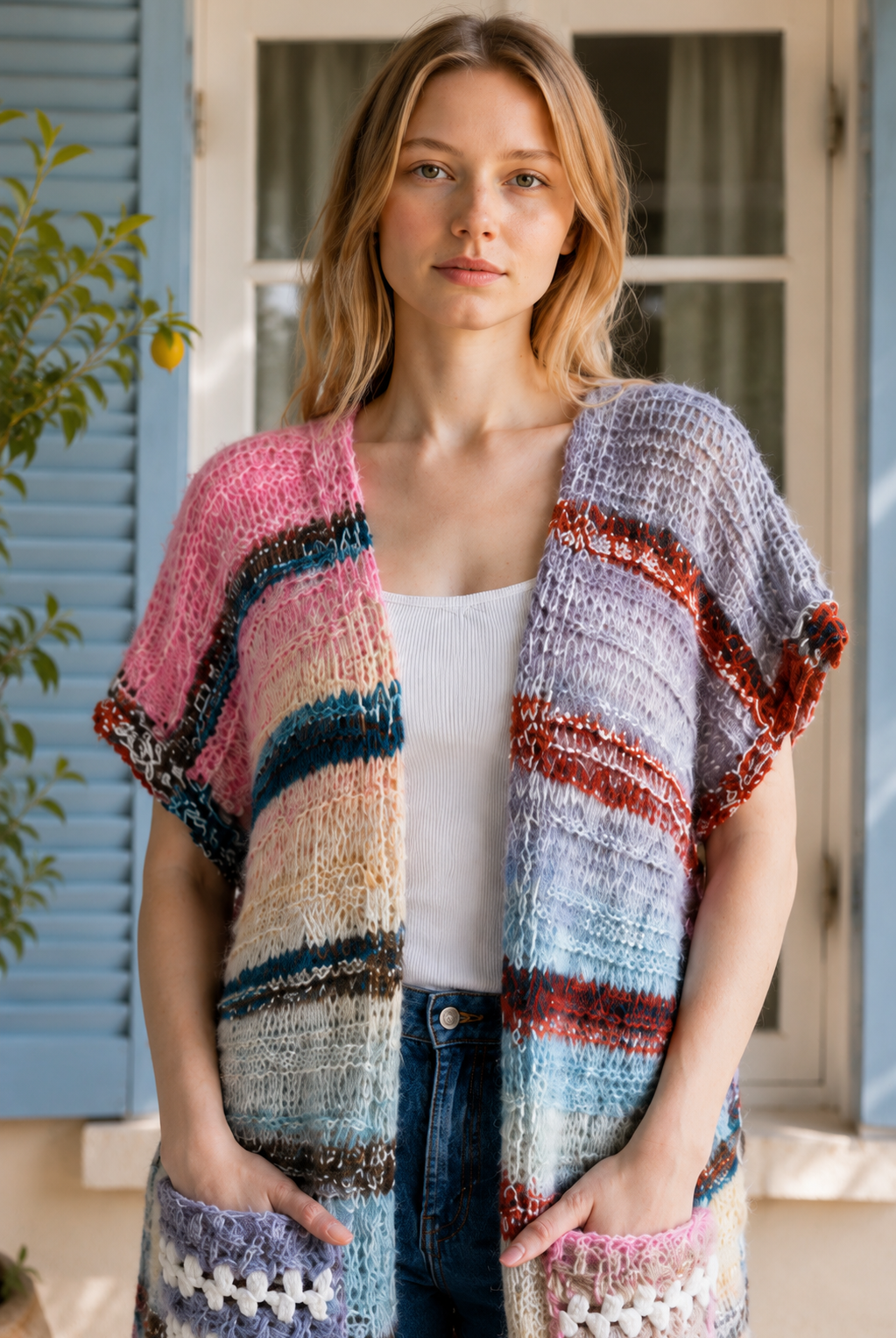 A woman wearing a long, open-front, short-sleeved chunky knit cardigan with horizontal multicolor stripes in pink, blue, beige, brown, and white, paired with a white tank top and blue jeans, standing in front of a window with blue shutters.