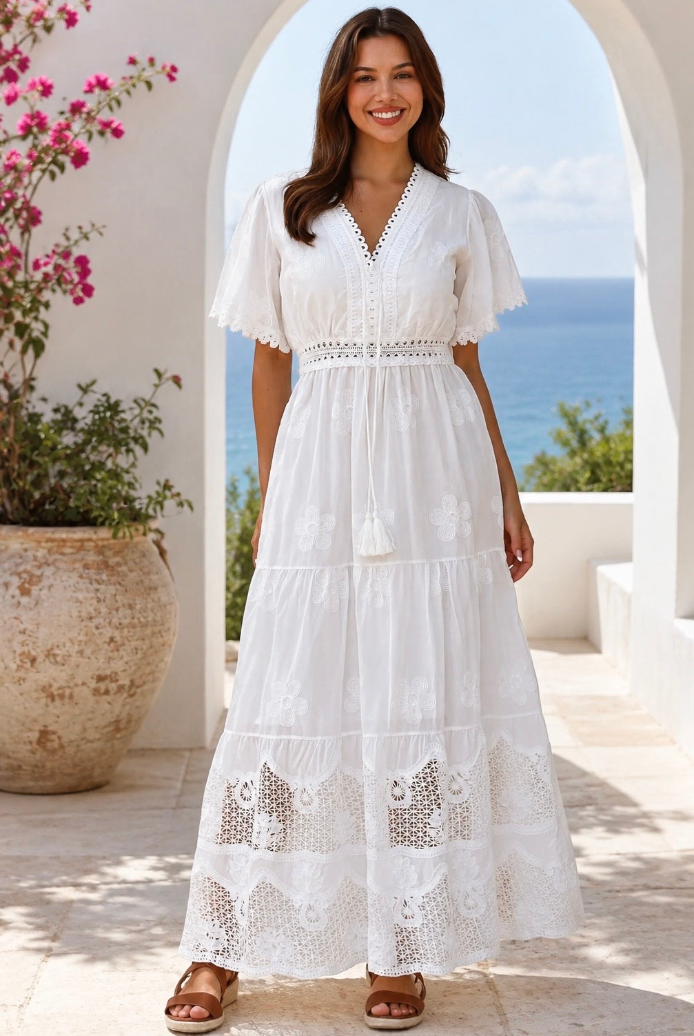 Willow white embroidered cotton maxi dress with openwork lace and tassel ties by Salty Palm at Bohemian Love Runway
