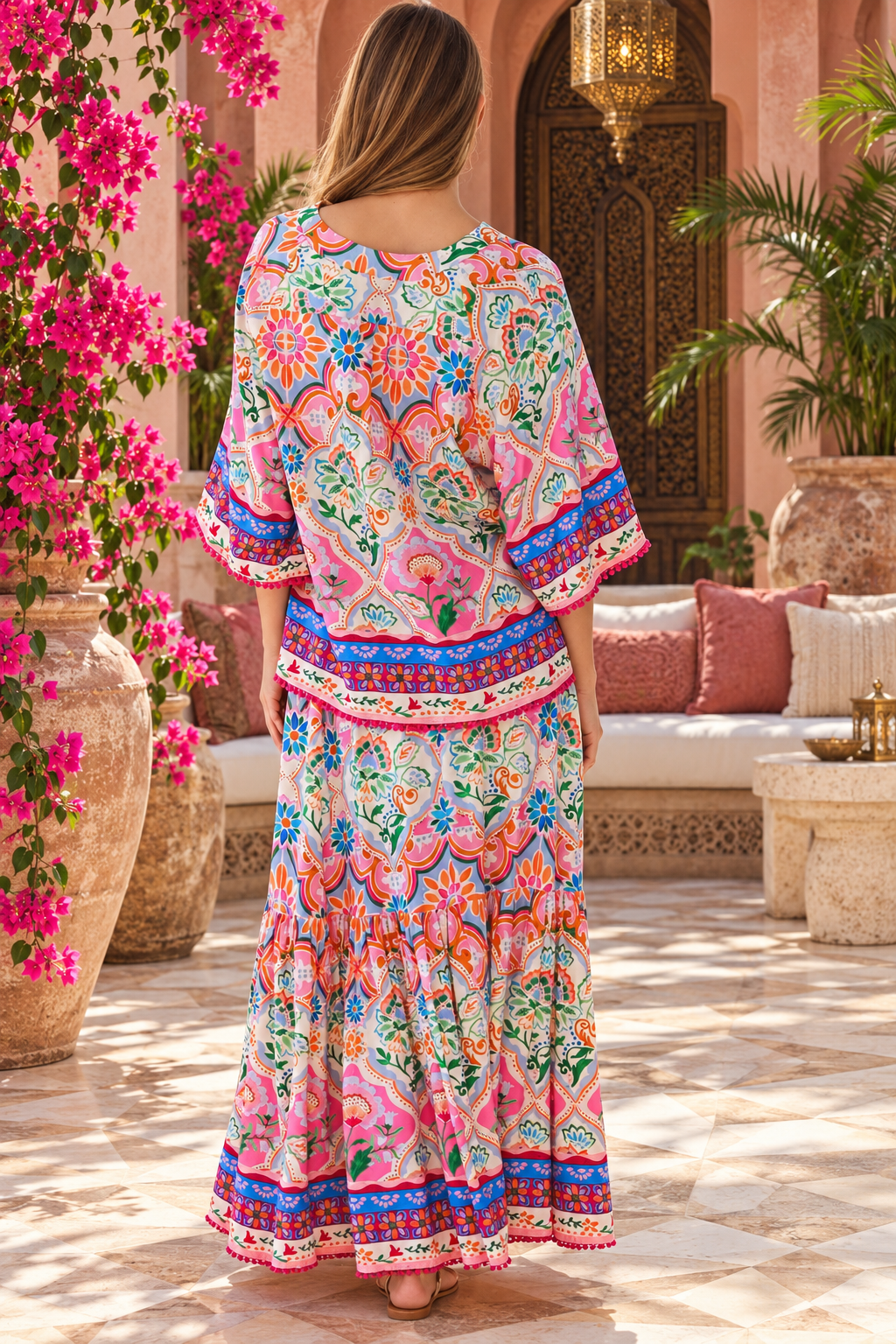 Dreamcatcher Aurora Pink Mosaic maxi skirt with elastic tie waist and oversized frill hemline | Bohemian Love Runway