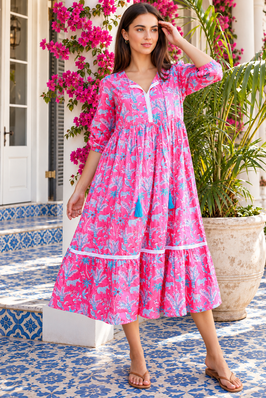 Mahale Sanctuary Midi Dress Pluto Pink in 100% cotton with turquoise wildlife print, white lace trim and frill hem