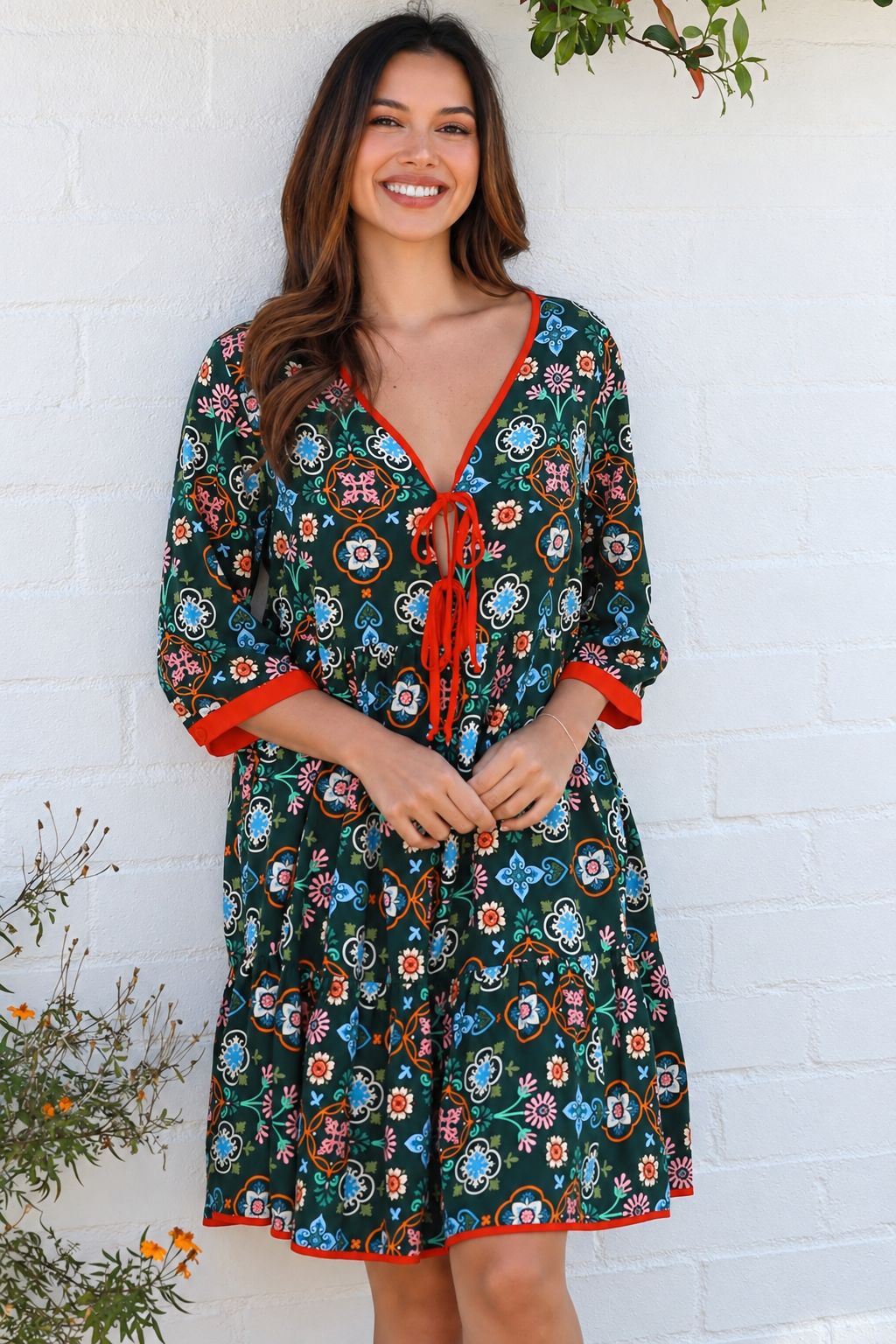 Emily rayon boho mini dress empire line waist, tie front with three quarter sleeves | Bohemian Love Runway