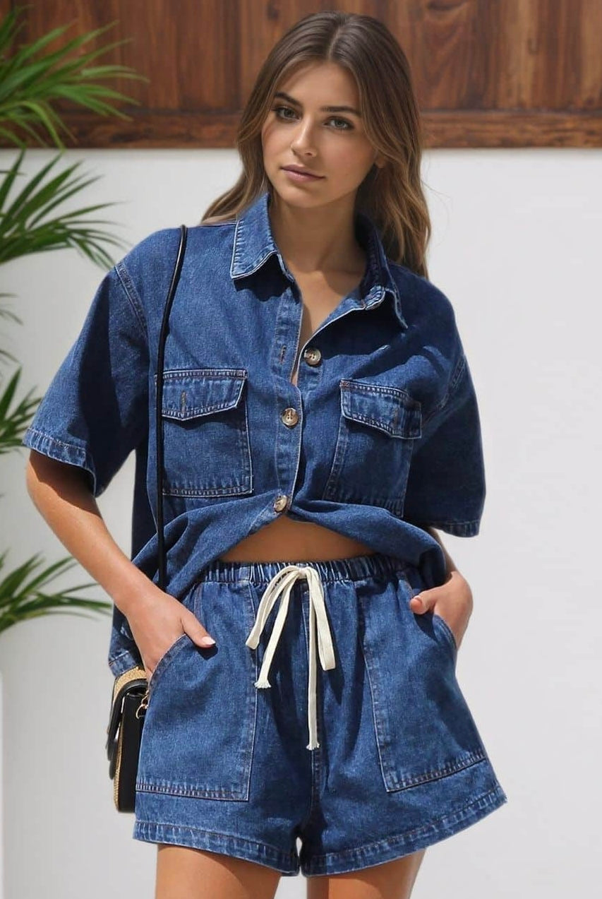 Indigo denim shirt and shorts set with relaxed fit and elastic waist – casual boho summer outfit Australia