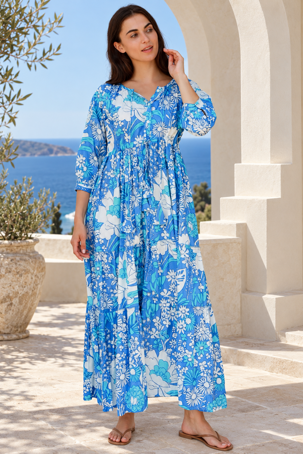 Emerson Cotton Maxi Dress Rory Blue with vintage blue floral print, button front, tassel drawstring waist and tiered skirt