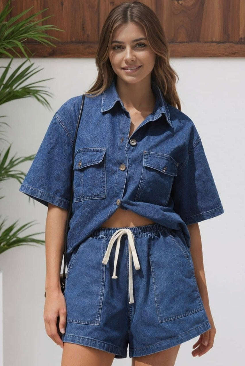 Indigo denim shirt and shorts set with relaxed fit and elastic waist – casual boho summer outfit Australia