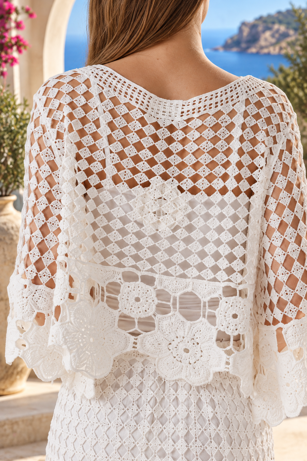 Sienna white crochet two-piece set by Willow the Label with floral crochet top and matching maxi skirt